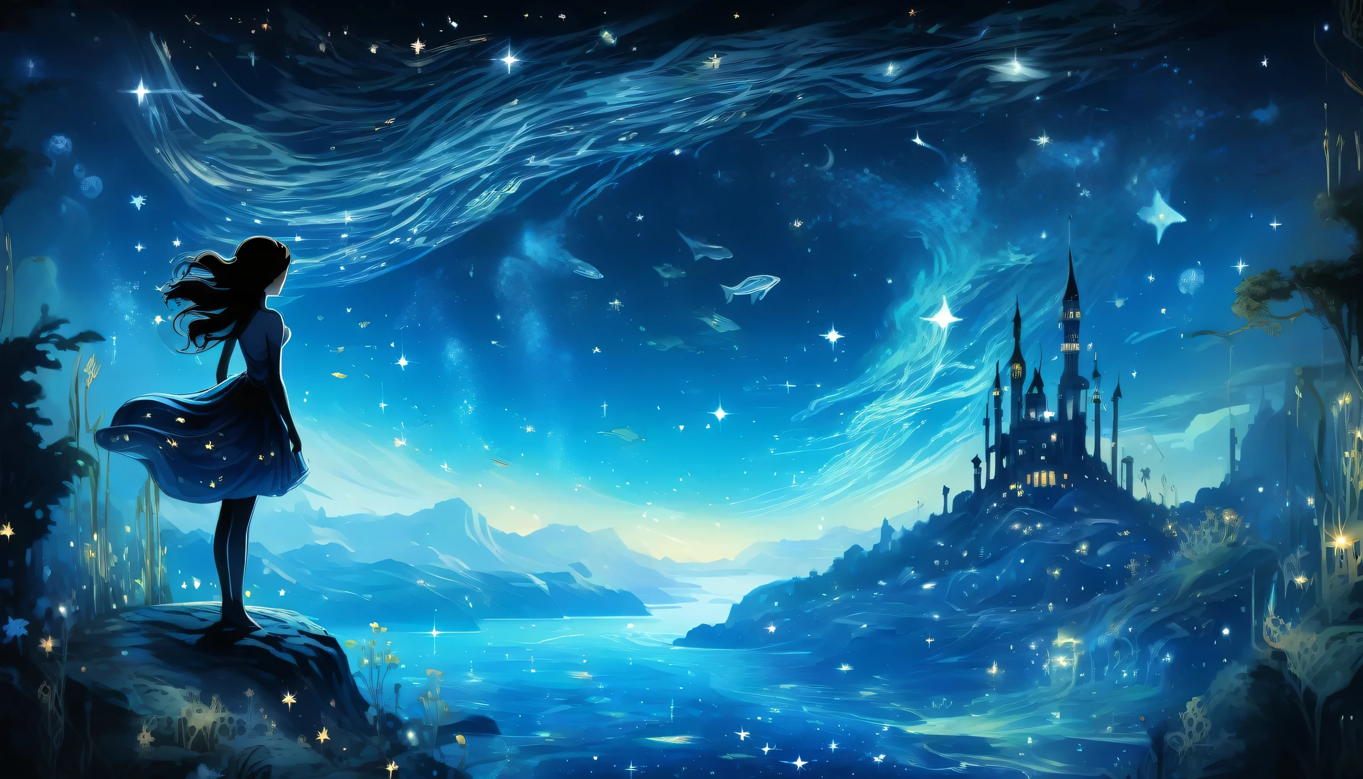 (One girl:1.3),Aria_fairy tale,Fantastic World,Underwater starry sky,
