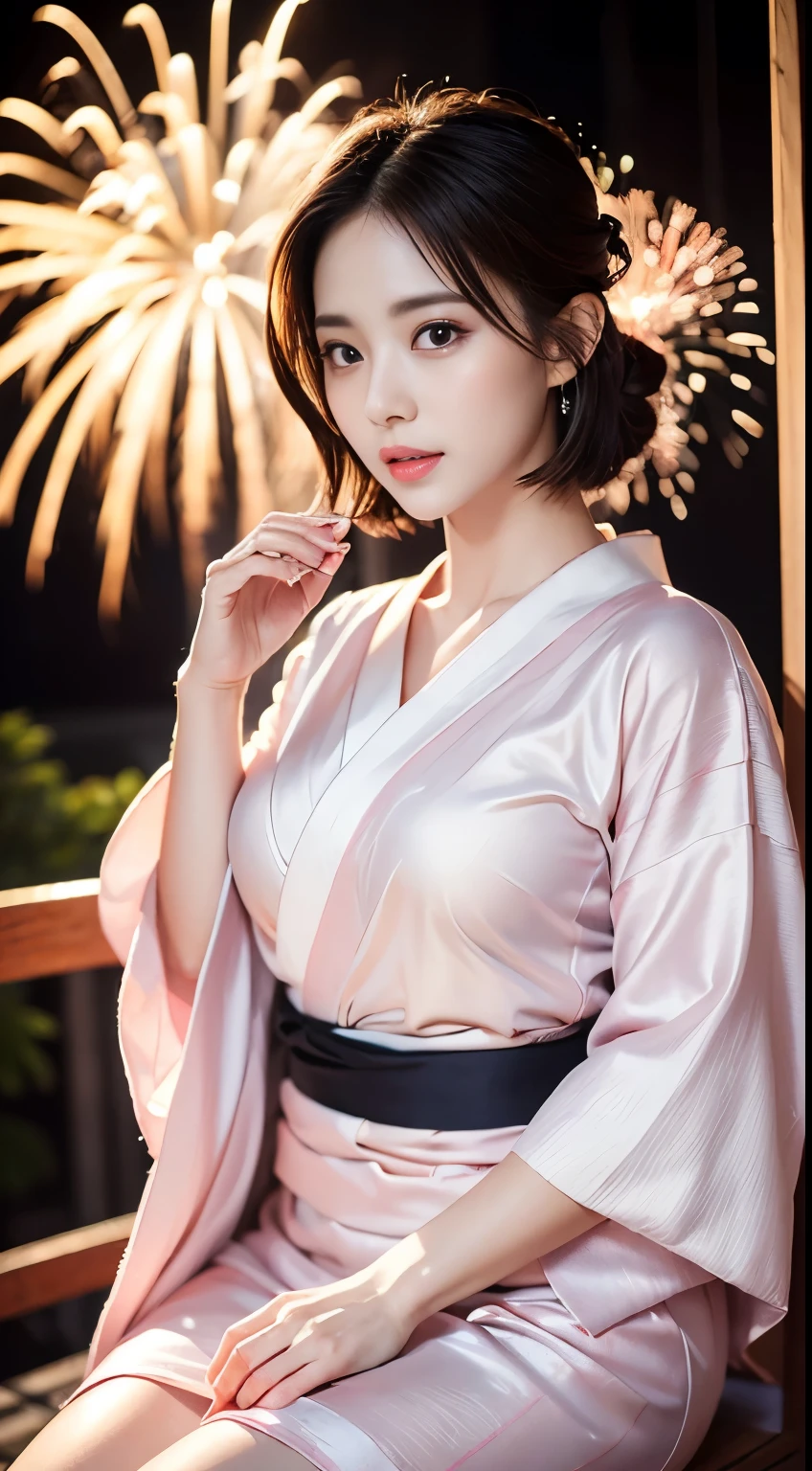 (8k、RAW Photosgraphy、highest quality、masterpiece:1.2)、(Realistic、Photorealistic:1.37)、Ultra-high resolution、One Girl、cute、solo、night、Sitting、date、(Nose redness)、(Laughter:1.1)、(Closed)、huge 、Beautiful Eyes、(short hair:1.2)、(((Fireworks bursting into the sky、night)))、(((kimono、yukata)))、Upper body naked、Nipple Pinch、Perfect body、Perfect Fingers、Professional Lighting、Japanese Goddess、gravure、Detailed face and skin texture、Detailed eyes、RAW Photos