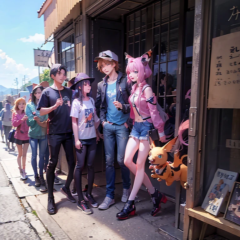 (enfoque lateral), en un prado, soleado, todos los protagonistas de Digimon, corriendo horizontalmente con otros digimon evolucinados, Tai, Sora, Yamato, kOSHIRO, mIMI, tAKERU, KARI, Joe, agumon, gabumon, biyomon, palmon, gomamon, tentomon, tailmon, patamon, 8 children, 8 small digimon, 15 digimon grandes