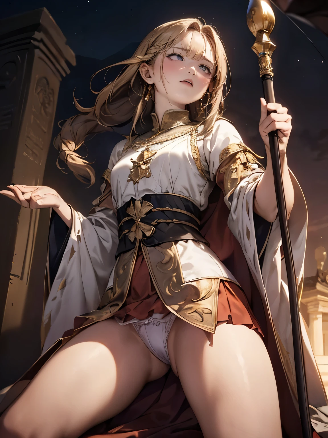 (drooping eyes, sleepy face, angle from below, realistic skin), long thick braid, open legs, casual-dress, outside mountain, (medieval kingdom, long white robe with gold trim), ((dark hour of dawn)), (straddling to hit her crotch on the the stone monument and wizard's cane for masturbation), panties, tiny earrings, 