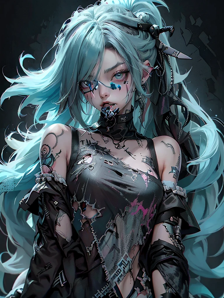 a black and white drawing of a girl with blue hair, scary detailed art in color, ripped clothing, buck teeth, kawaii colors, tattered ragged gothic dress, vomit, wearing a black!! t - shirt, techno, ager girl, full art, opened mouth, cut
