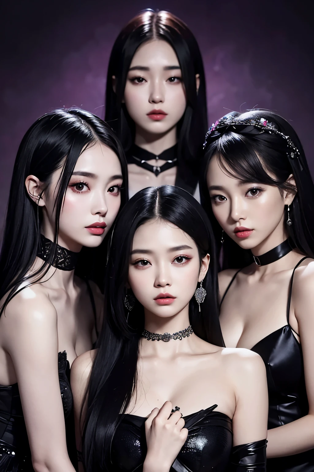 Create a 3-girl K-pop group, titled "Nocturne," with a dark concept, on the brink of their debut. Embracing the night as their muse, they embody the enigmatic allure of the twilight hours.
1. "Aisya," hailing from Malaysia, captivates with her exotic beauty, striking almond-shaped eyes, and rich, raven-black hair cascading down her slender shoulders. Her unique ethnicity adds an intriguing twist to the group's visual appeal, with her skin glowing in the dark as if illuminated by an otherworldly radiance. In her hands, she cradles