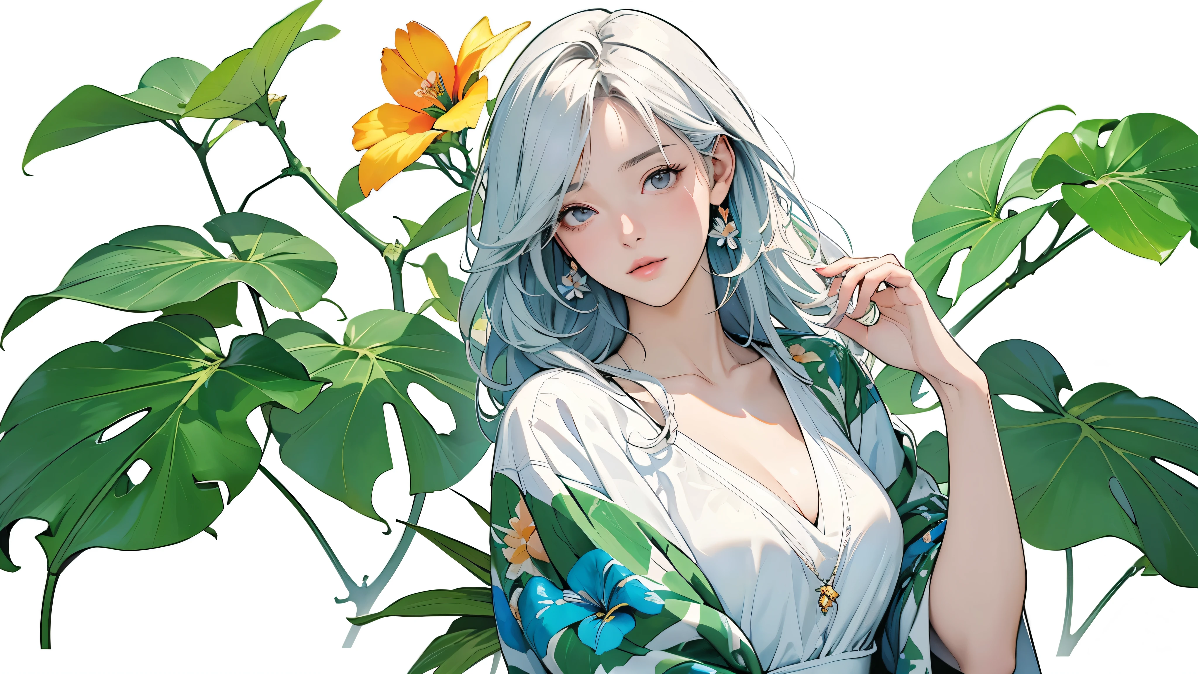 (best quality、masterpiece、high resolution)、4K animation art、((background technology))、(((Only draw tropical flowers and plants)))、(Blank Background)、((White background))、