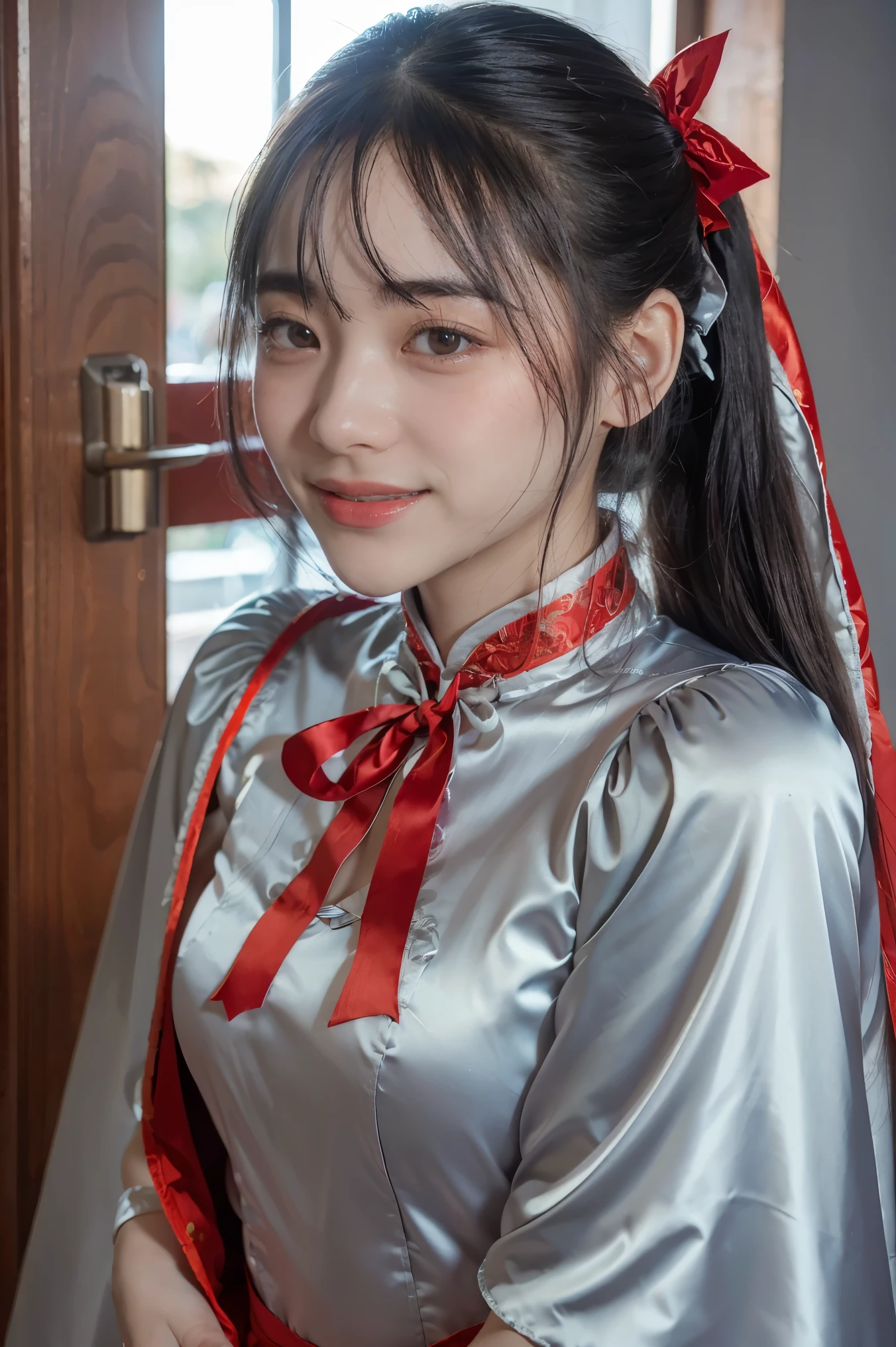 (Raw photo) , Detailed features , perfect face , perfect eyes , detailed eyes , (beautiful:1.50) , beautiful chinese girl in her 20s with long hair in a ponytail , smiling , (((long voluminous high collar silver satin and red lined cape tied at the neck with a ribbon:1.10))) , minidress , full body, slight skin blemishes, sly smile, high-quality ultra realistic style, warm tones, soft lighting, detailed eyes, subtle freckles, professional, expressive , 8K , highly detailed