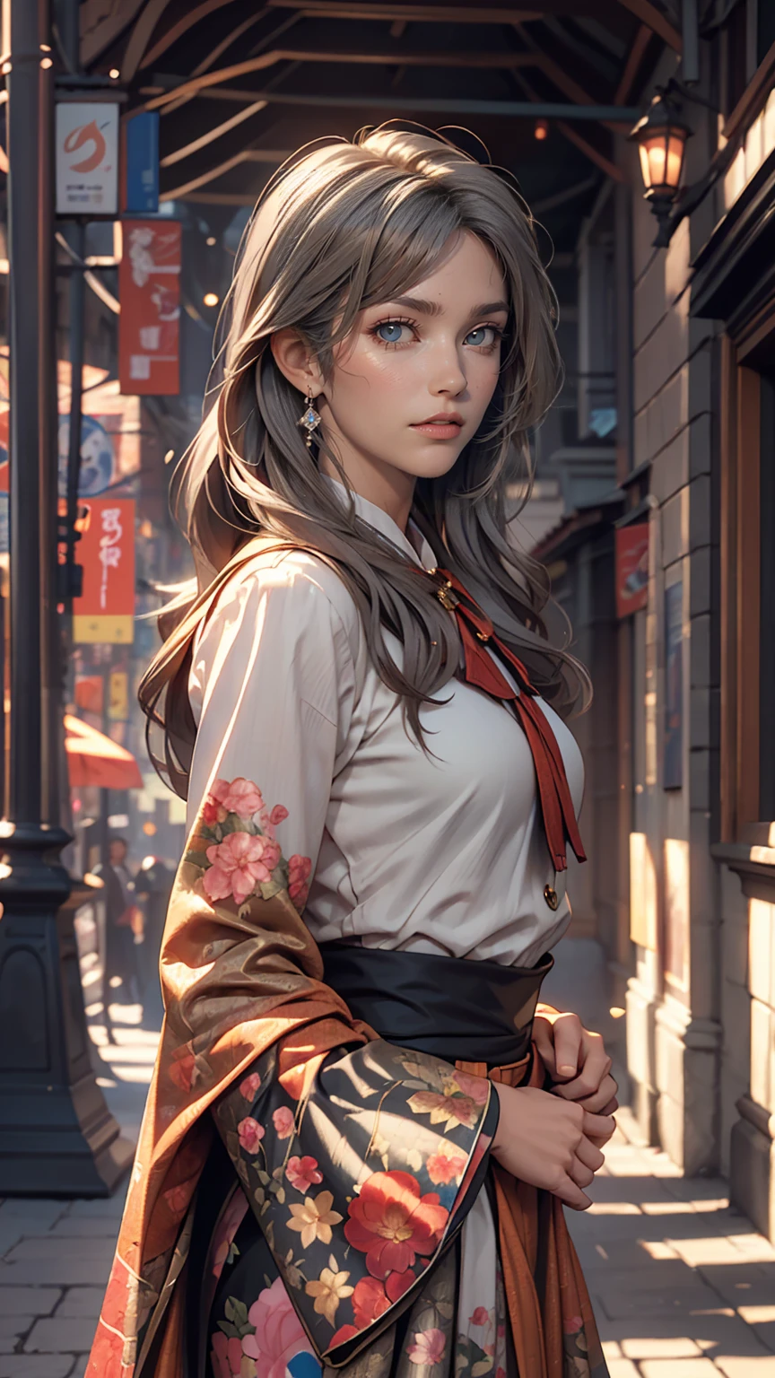 Hyperrealist Female Portrait by David Hockney and Alphonse Mucha,Fantasy art, Photorealistic, Dynamic Lighting, Art Station, Poster, Volumetric lighting, Highly detailed face, 4k yen, Awards,, One girl, In the Dark, Deep Shadow, Modest,Cowboy Shot,(Official attire:1.4) ,Long Hair,Gray Hair,