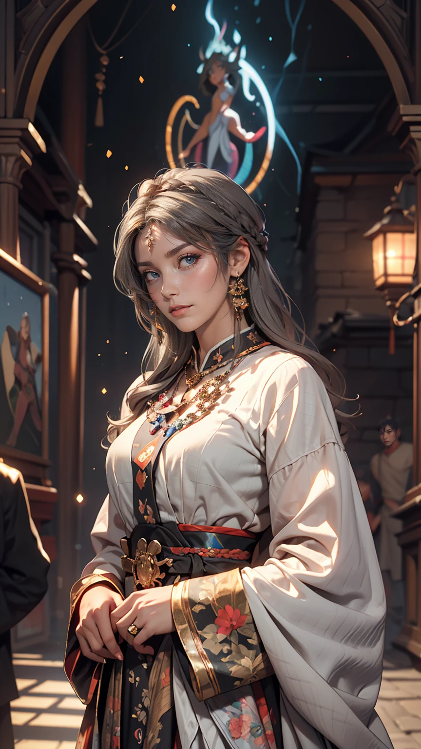 Hyperrealist Female Portrait by David Hockney and Alphonse Mucha,Fantasy art, Photorealistic, Dynamic Lighting, Art Station, Poster, Volumetric lighting, Highly detailed face, 4k yen, Awards,, One girl, In the Dark, Deep Shadow, Modest,Cowboy Shot,(Official attire:1.4) ,Long Hair,Gray Hair,