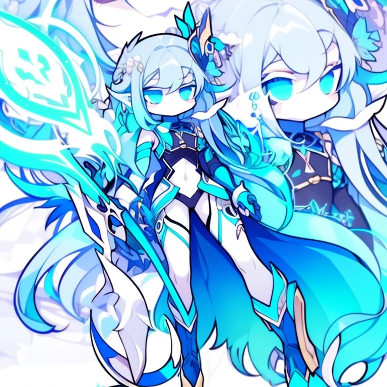  girl，k hd，4K，face expressionless，style of anime，sideface，blue color eyes，white color hair,((full body)),Confused eyes,(default character)SD character, masterpiece,best quality,ultra detailed,4K,super fine illustration,highly detailed beautiful face and eyes,cyan color scheme, lighting,fantasy,extremely solemn atmosphere,long hair,floating hair,smirk,fighting stance,dynamic pose,(holding glowing sword:1.3),particle light,luminescence,plasma,electric current,blue flame,sense of depth,dynamic angle,