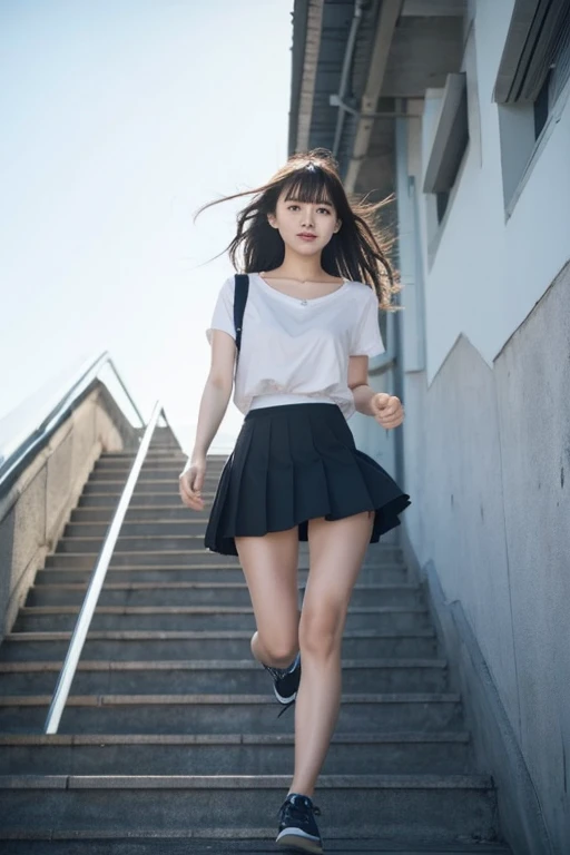 Floundering skirt、A slightly short skirt、The skirt flutters in the wind、I can see her panties、(Running up the stairs)
