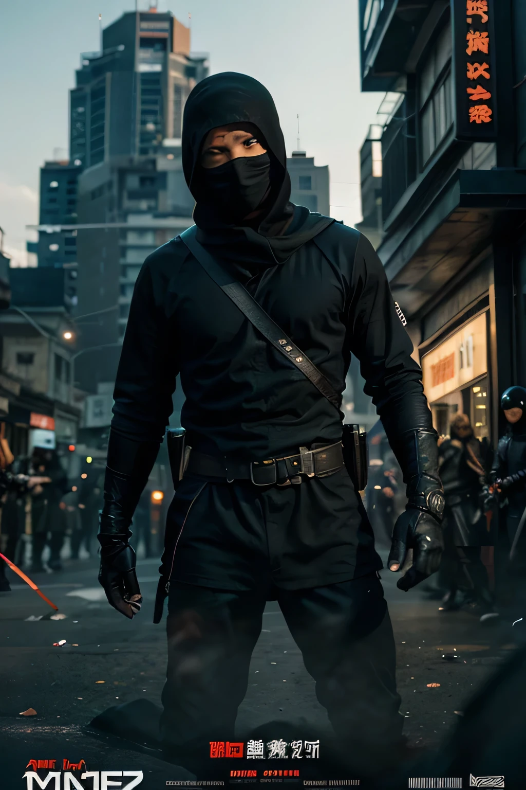 generate a movie poster, movie about ninja, poster contents the main character, a male ninja facing the camera, with the enemies on the background, including beautiful female character, big title on the bottom of the poster