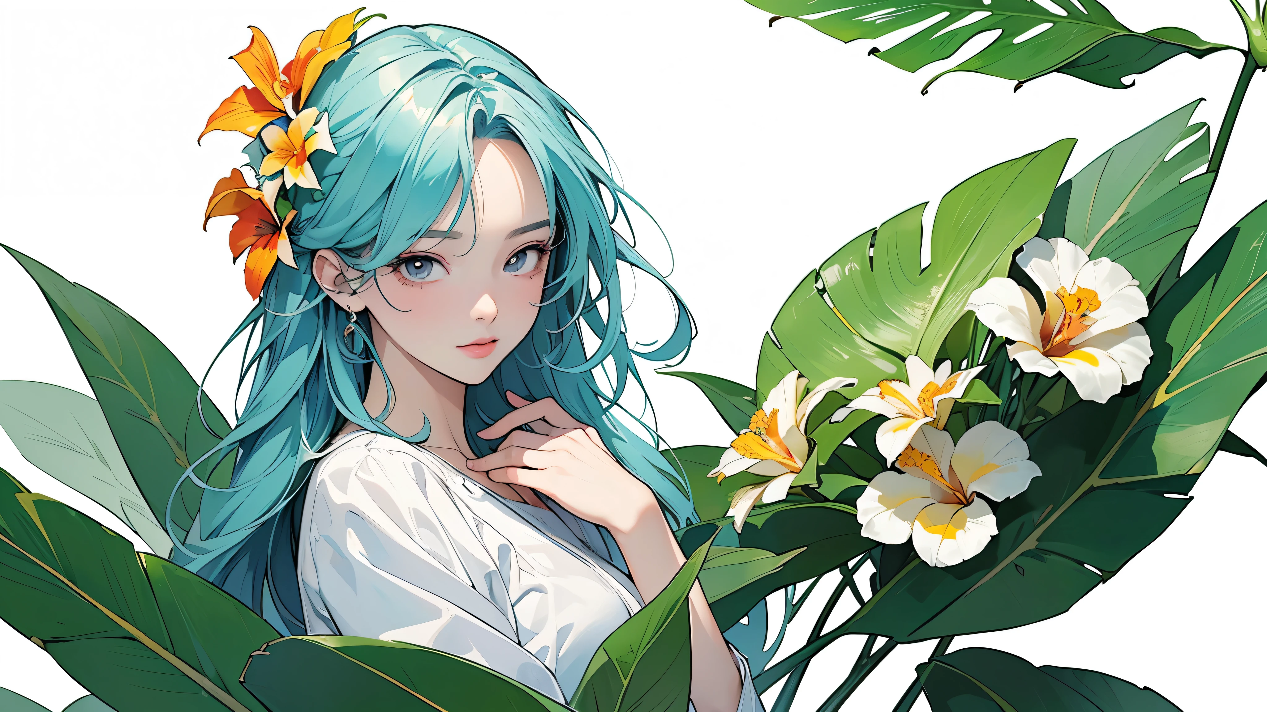 (best quality、masterpiece、high resolution)、4K animation art、((background technology))、(((Only draw tropical flowers and plants)))、(Blank Background)、((White background))、