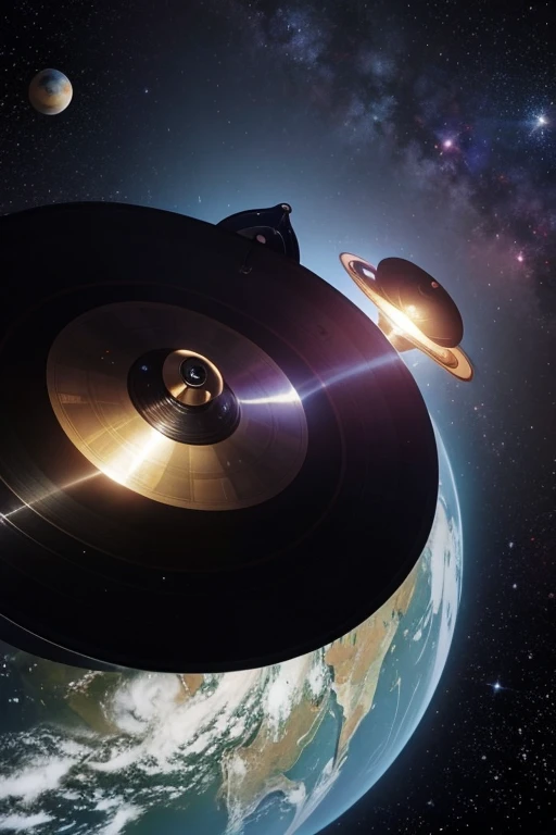 cosmos. a gramophone record is the center of the planetary system, the planets revolve around the record