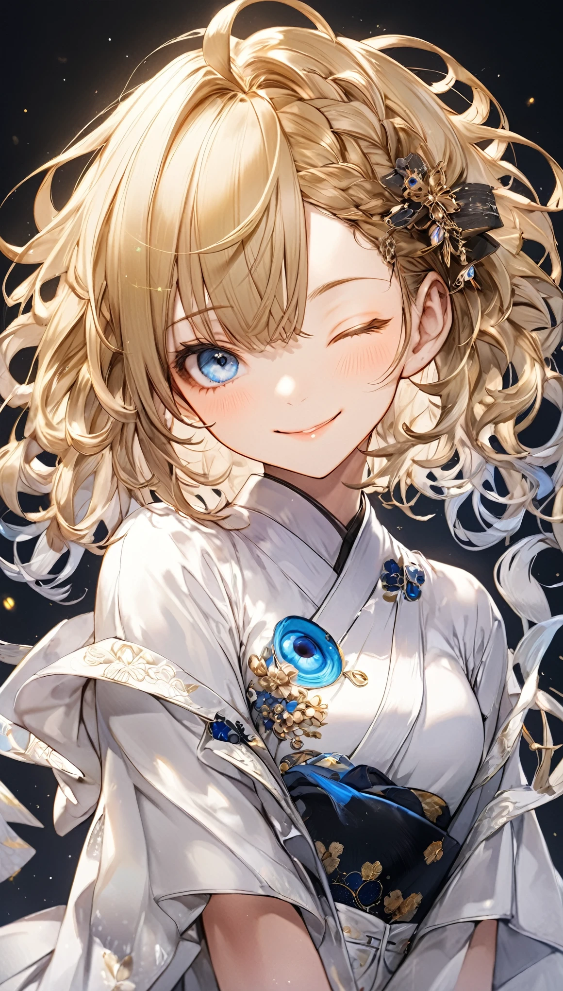 masterpiece, best quality, extremely detailed, high resolution, Japanese anime,1girl, gold hair, (short length hair:1.4), curly hair, wavy hair, drill hair, blunt hair, (eye lashes:1.3), (eye shadow:1.3), (eye brow:1.3), blue eyes, (beautiful detailed eyes:1.4), (eyes half-closed:1.8), laugh, 130cm tall, original character, fantasy, (black background:1.2), beautiful fingers, standing, shoot from front, looking at viewer, face close-up