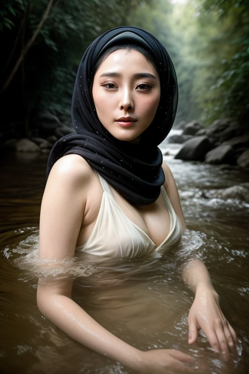 close up portrait of a  Chinese actress Fan Bingbing with hijab,bathing in a river, reedacklighting), realistic, masterpiece, highest quality, lens flare, shade, bloom, [[chromatic aberration]], by Jeremy Lipking, by Antonio J. Manzanedo, digital painting,