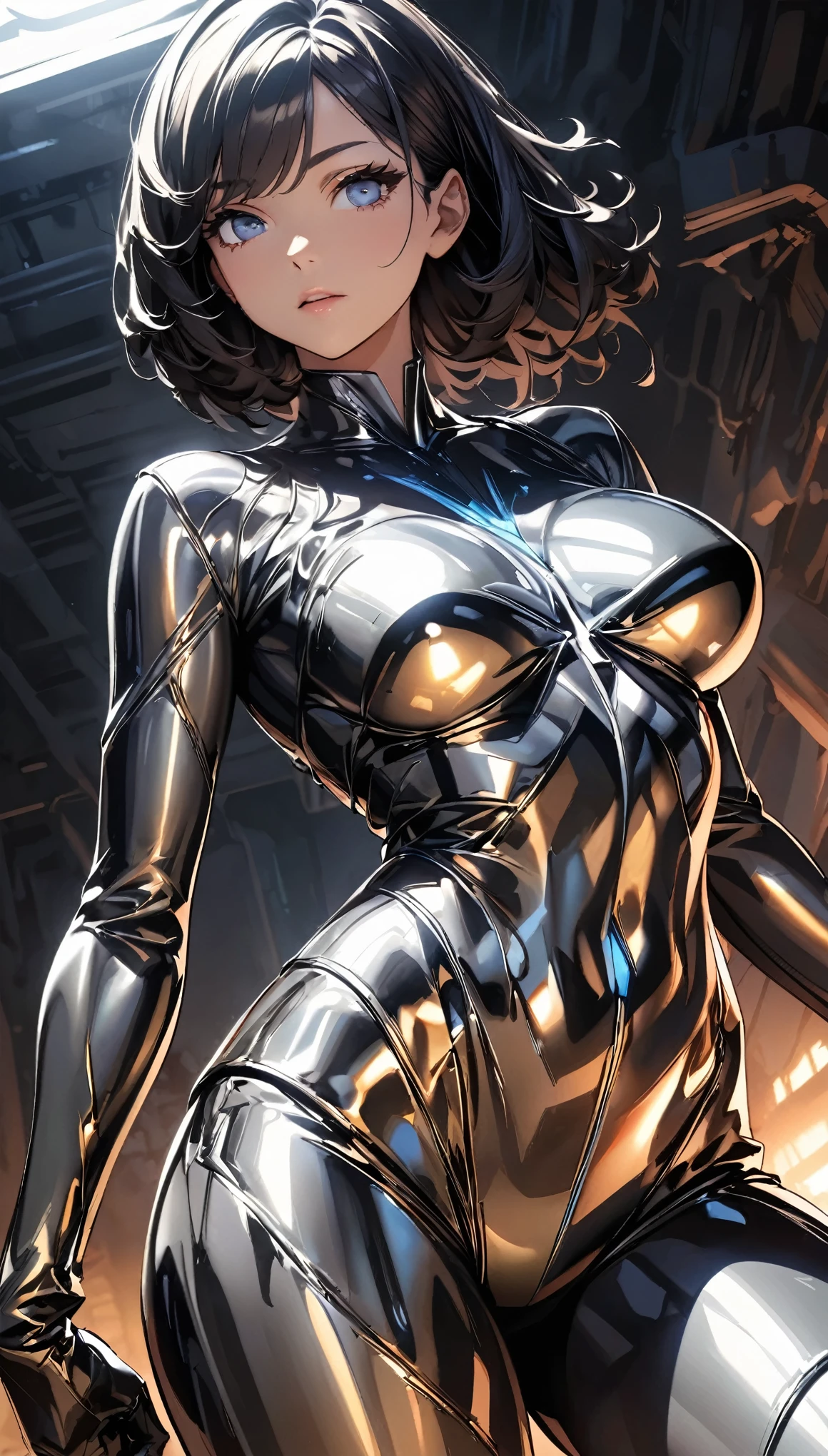 (highest quality:1.2, Very detailed, High Detail, High Contrast, masterpiece:1.2, highest quality, Best aesthetics), 1 Female, Assassin, body of mercury, Metal Suit, Liquid Metal:1.2, Melting Body, The defective part melts, Melting Female Android:1.2, Artificial life, T-1000 Style, Underground facilities, Dim lighting, Beautiful Eyes, Long eyelashes, Well-formed face, Beautiful lips, Sleek design, Cowboy Shot, Random Action Pose, Dutch Angle