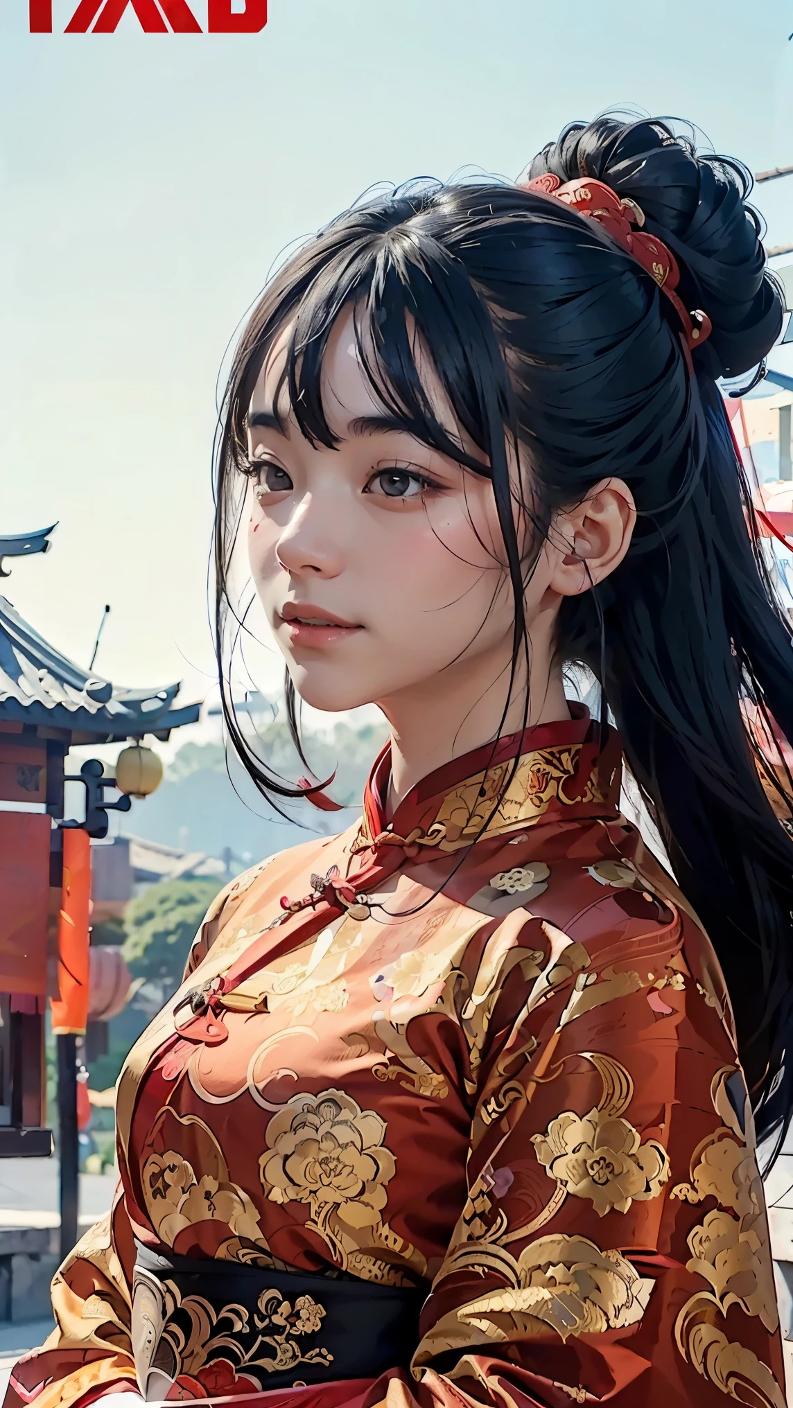 1 girl, woman, handsome, ink, Chinese armor, ((2.5D)), black hair, floating hair, delicate eyes, black and red antique damask Hanfu, fov, (f1.8), (masterpiece), (portrait shot), front shot, white background, (movie poster)
