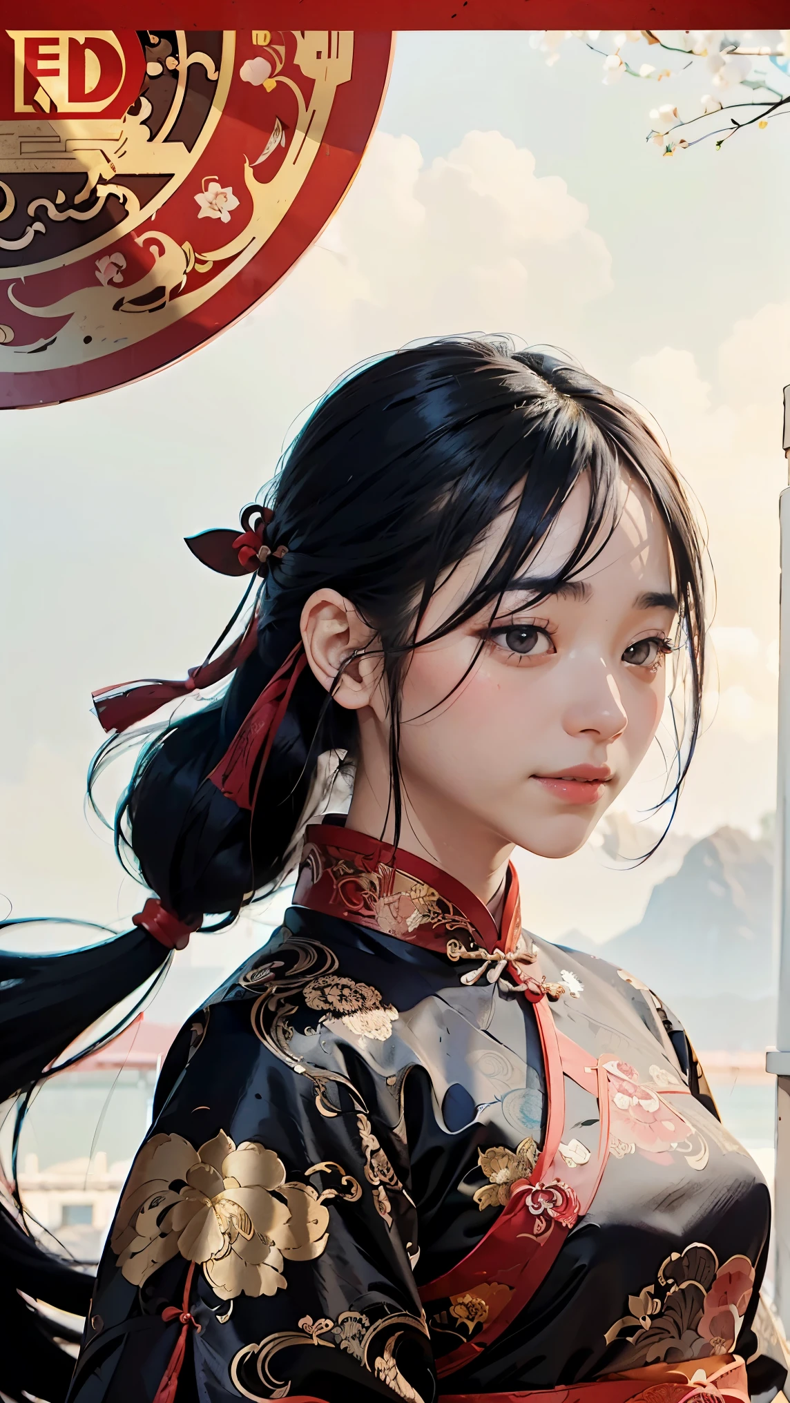 1 girl, woman, handsome, ink, Chinese armor, ((2.5D)), black hair, floating hair, delicate eyes, black and red antique damask Hanfu, fov, (f1.8), (masterpiece), (portrait shot), front shot, white background, (movie poster)