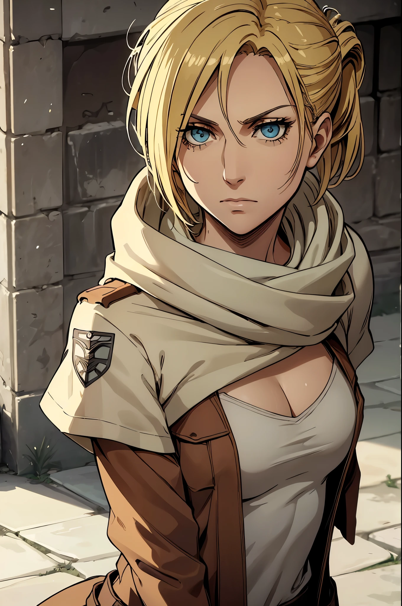 cleavage,personagem: Annie Leonhart

Description of Physical Appearance:

Annie is a woman of average height, with an athletic and slender figure that reflects his agility in combat. Seus cabelos curtos e lisos, de um castanho escuro, caem elegantemente ao redor de seu rosto, incluindo uma franja que destaca seus olhos expressivos.

Her eyes are a striking feature, grandes e de um azul intenso, conveying a mix of determination and enigma. Their facial expression tends to be cold and calculating, revelando pouco sobre seus verdadeiros sentimentos.

Annie veste o uniforme distintivo do Corpo de Escoteiros, composto por uma jaqueta de couro marrom, Belt with pockets for equipment and the classic green cape with the troop emblem. O equipamento de manobra tridimensional que ela utiliza destaca sua habilidade em manobrar com destreza durante o combate.

When Annie activates her Titan ability, Its expression changes drastically. Seus olhos brilham com uma intensidade sobrenatural, and their expression takes on a more predatory appearance.

Remember to incorporate these details when creating visual representations of the character.]