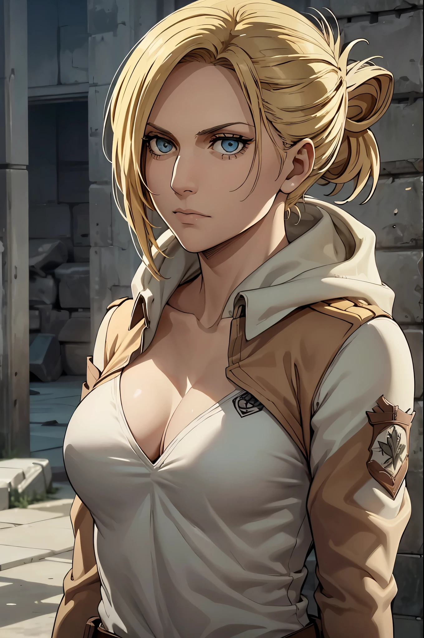 cleavage,personagem: Annie Leonhart

Description of Physical Appearance:

Annie is a woman of average height, with an athletic and slender figure that reflects his agility in combat. Seus cabelos curtos e lisos, de um castanho escuro, caem elegantemente ao redor de seu rosto, incluindo uma franja que destaca seus olhos expressivos.

Her eyes are a striking feature, grandes e de um azul intenso, conveying a mix of determination and enigma. Their facial expression tends to be cold and calculating, revelando pouco sobre seus verdadeiros sentimentos.

Annie veste o uniforme distintivo do Corpo de Escoteiros, composto por uma jaqueta de couro marrom, Belt with pockets for equipment and the classic green cape with the troop emblem. O equipamento de manobra tridimensional que ela utiliza destaca sua habilidade em manobrar com destreza durante o combate.

When Annie activates her Titan ability, Its expression changes drastically. Seus olhos brilham com uma intensidade sobrenatural, and their expression takes on a more predatory appearance.

Remember to incorporate these details when creating visual representations of the character.]