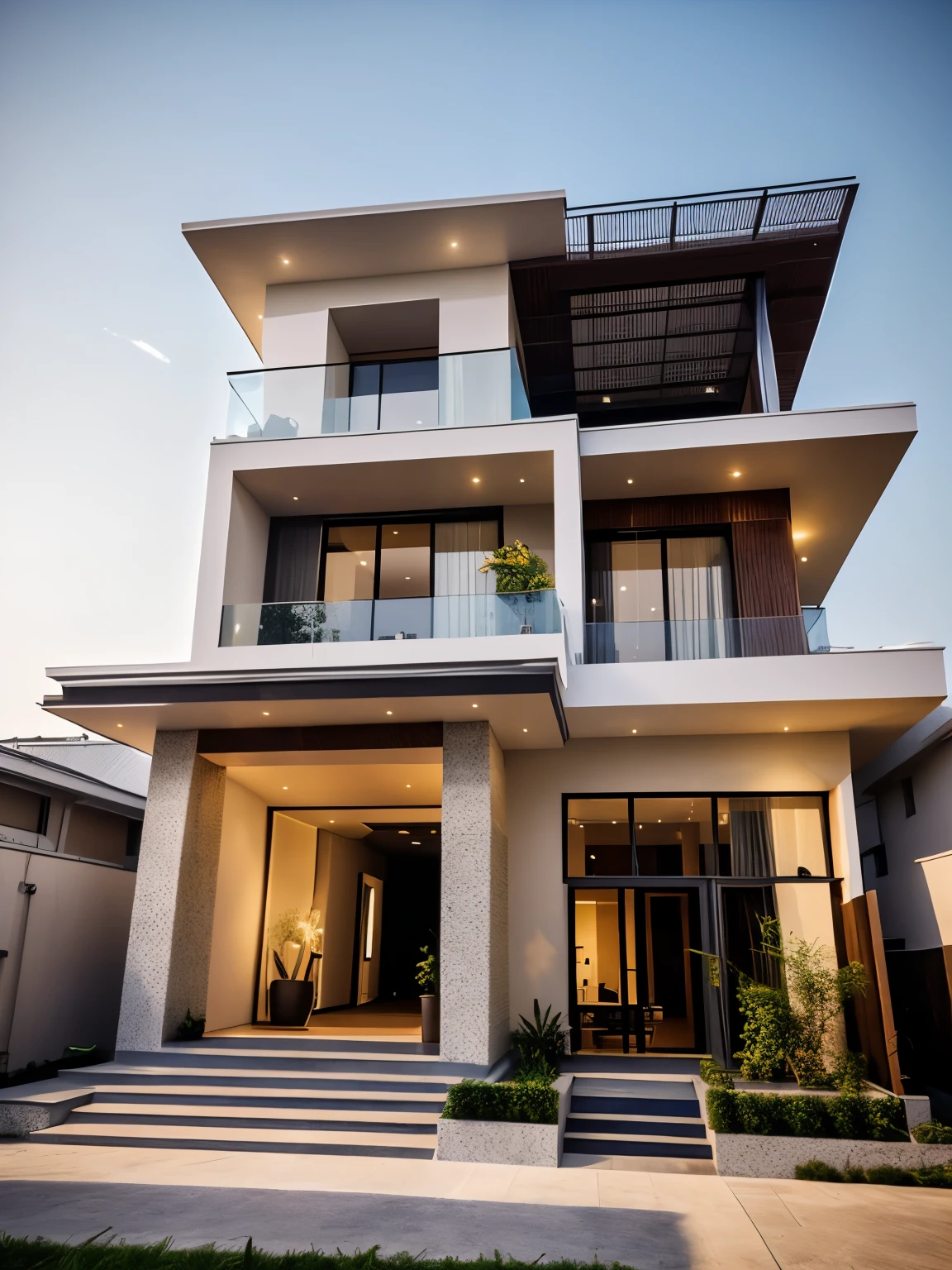 Perspective of a modern house with a large enough front yard, main materials are light yellow walls, stone and wood, a road running in front of the house, (RAW photo, real, best quality, masterpiece: 1.2), current view modern minimalist, 1 street in front of house, shime ring light, indoor brightness:1.2, dynamic lighting:1.3, (hyper-realistic, photo-realistic:1.2), high quality, daylight, contrast high:0.5 perfect light, Archdaily, contemporary masterpiece award, award winning contemporary, beautifully designed masterpiece, spacious modern mansion, modern neo-traditional, wide angle exterior 2022 , mid-century modern, contemporary home, stylish modern feel, long front view, award-winning modern design, stunning lines, residential, exquisite details, indoors gently:1.3