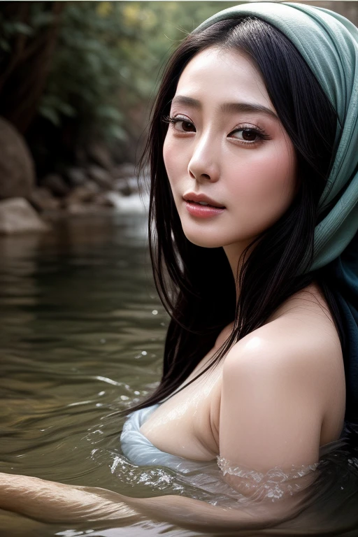 close up portrait of a Chinese actress Fan Bingbing with hijab,bathing in a river, reedacklighting), realistic, masterpiece, highest quality, lens flare, shade, bloom, [[chromatic aberration]], by Jeremy Lipking, by Antonio J. Manzanedo, digital painting,