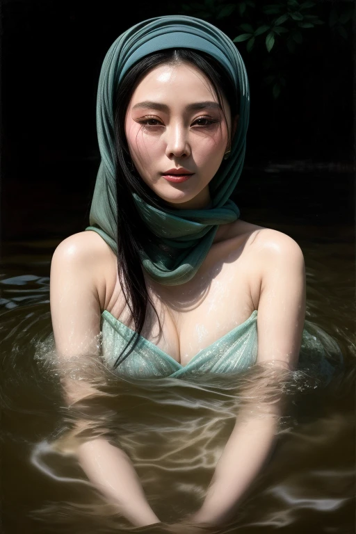 close up portrait of a Chinese actress Fan Bingbing with hijab,bathing in a river, reedacklighting), realistic, masterpiece, highest quality, lens flare, shade, bloom, [[chromatic aberration]], by Jeremy Lipking, by Antonio J. Manzanedo, digital painting,
