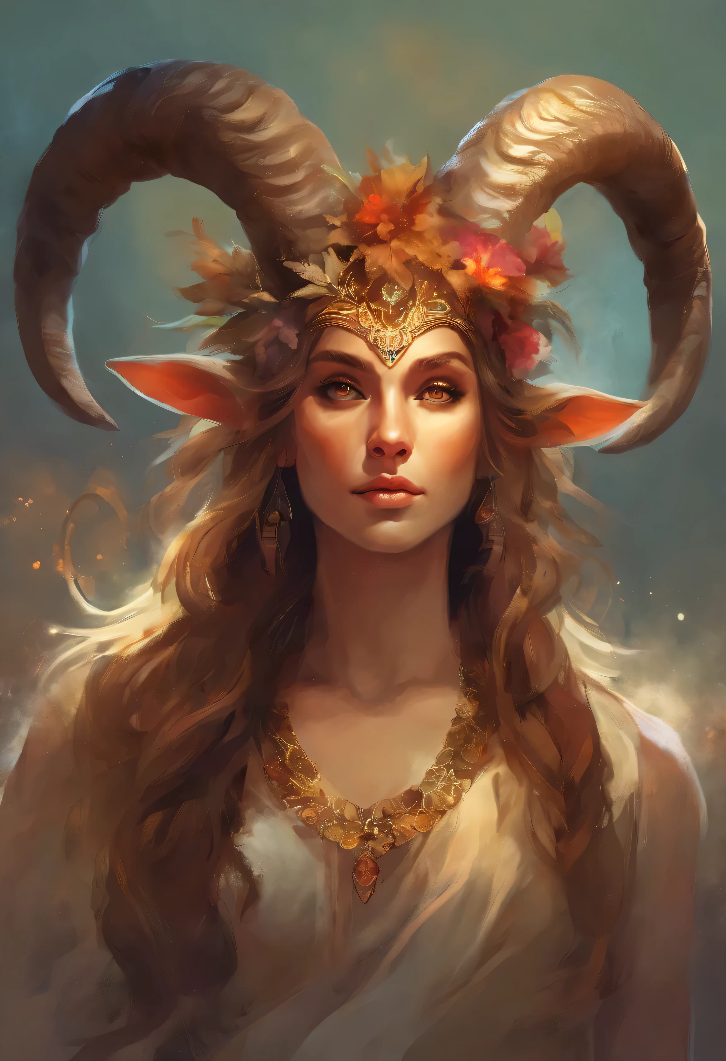 Satyr, female, Goat Horn head band, Hairy, unkempt, Holy robes, Human Face, Crazed, Crazy
