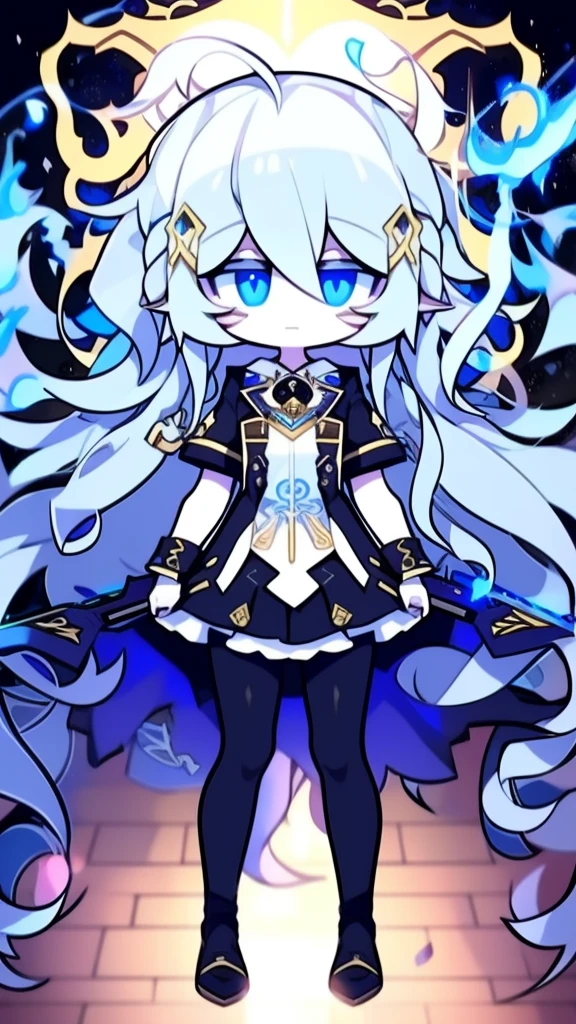 girl,k hd,4K,face expressionless,style of anime,sideface,blue color eyes,white color hair,((full body)),Confused eyes,(default character)SD character, masterpiece,best quality,ultra detailed,4K,super fine illustration,highly detailed beautiful face and eyes,cyan color scheme, lighting,fantasy,extremely solemn atmosphere,long hair,floating hair,smirk,fighting stance,dynamic pose,(holding glowing sword:1.3),particle light,luminescence,plasma,electric current,blue flame,sense of depth,dynamic angle,