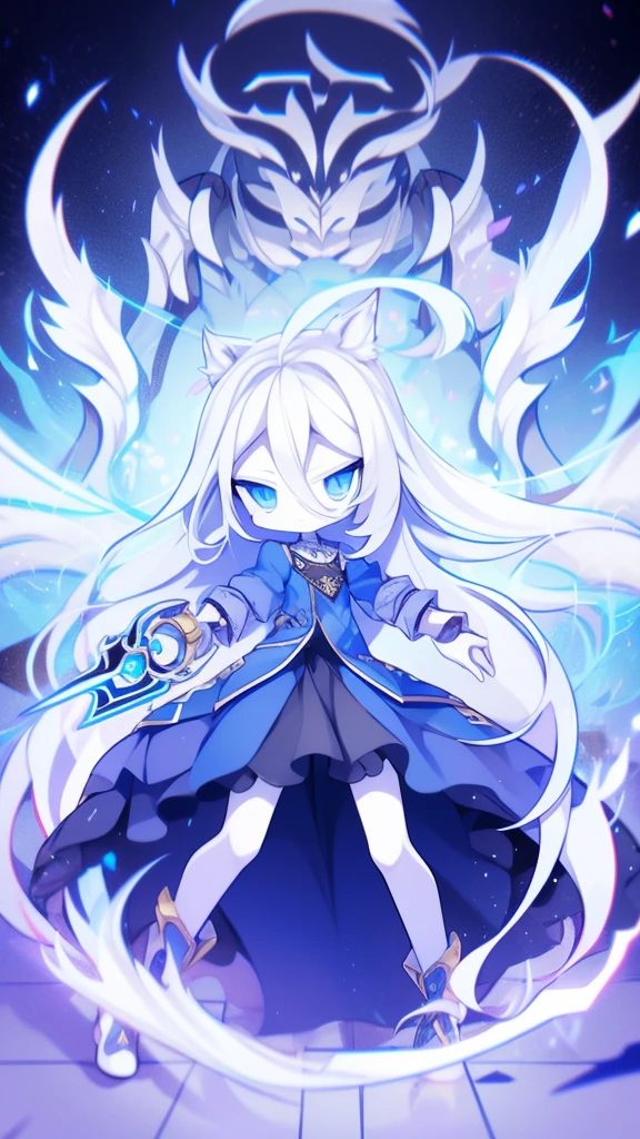  girl，k hd，4K，face expressionless，style of anime，sideface，blue color eyes，white color hair,((full body)),Confused eyes,(default character)SD character, masterpiece,best quality,ultra detailed,4K,super fine illustration,highly detailed beautiful face and eyes,cyan color scheme, lighting,fantasy,extremely solemn atmosphere,long hair,floating hair,smirk,fighting stance,dynamic pose,(holding glowing sword:1.3),particle light,luminescence,plasma,electric current,blue flame,sense of depth,dynamic angle,
