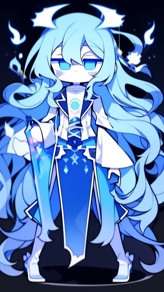 girl,k hd,4K,face expressionless,style of anime,sideface,blue color eyes,white color hair,((full body)),Confused eyes,(default character)SD character, masterpiece,best quality,ultra detailed,4K,super fine illustration,highly detailed beautiful face and eyes,cyan color scheme, lighting,fantasy,extremely solemn atmosphere,long hair,floating hair,smirk,fighting stance,dynamic pose,(holding glowing sword:1.3),particle light,luminescence,plasma,electric current,blue flame,sense of depth,dynamic angle,