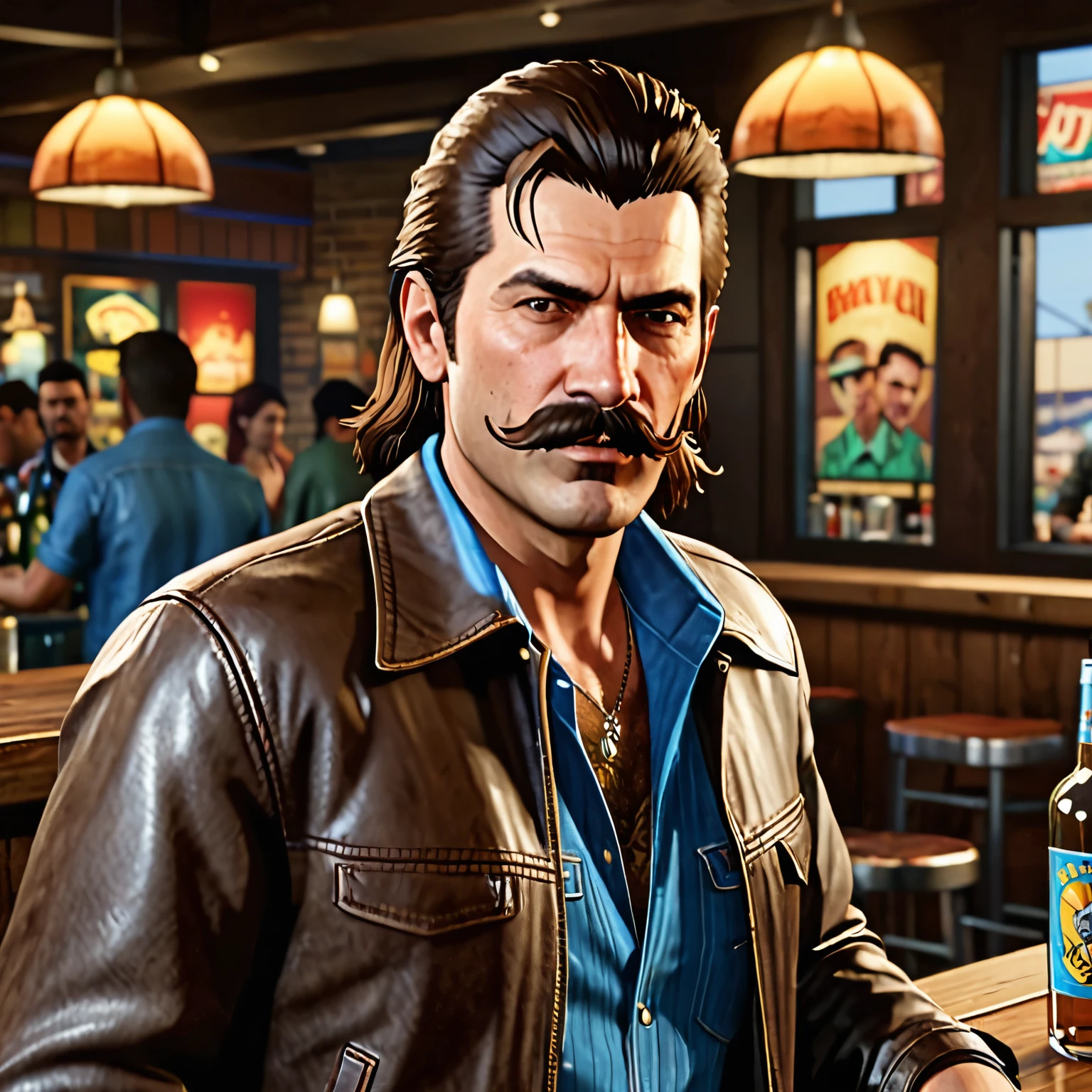  An adult man with a classically styled long, bushy mustache with long, unkempt brown hair,Wearing a leather jacket with a blue beach shirt underneath, he is in a bar    ,style grand theft auto, PORTAIRT HD