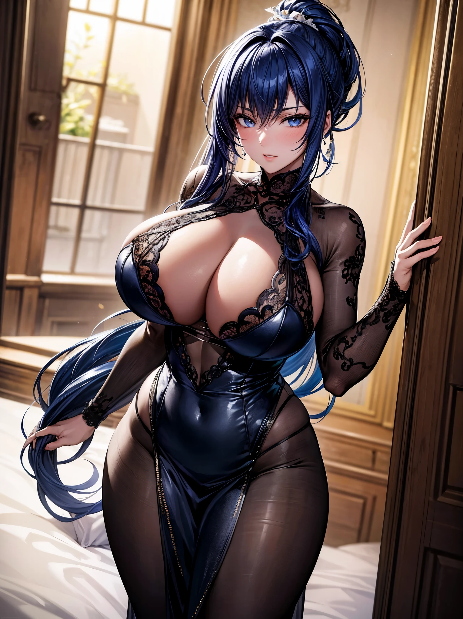 (masterpiece), best quality, highly detailed faces, (SHARP details), 4k, highly detailed, expressive eyes, SHARP detail expressive eyes, (SHARP detail perfect face), long hair, 34 year old woman, standing, modest courtesan dress, indoors, clothed, huge breasts, (mature), voluptuous, (taimanin asagi), modern brothel, ((prostitute)), single flower hair pin, SFW, ponytail, standing, nice hips, solo, dark-blue hair, milf