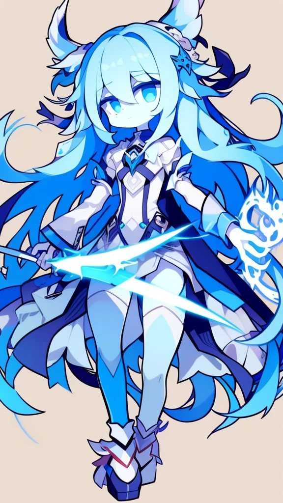 girl,k hd,4K,face expressionless,style of anime,sideface,blue color eyes,white color hair,((full body)),Confused eyes,(default character)SD character, masterpiece,best quality,ultra detailed,4K,super fine illustration,highly detailed beautiful face and eyes,cyan color scheme, lighting,fantasy,extremely solemn atmosphere,long hair,floating hair,smirk,fighting stance,dynamic pose,(holding glowing sword:1.3),particle light,luminescence,plasma,electric current,blue flame,sense of depth,dynamic angle,