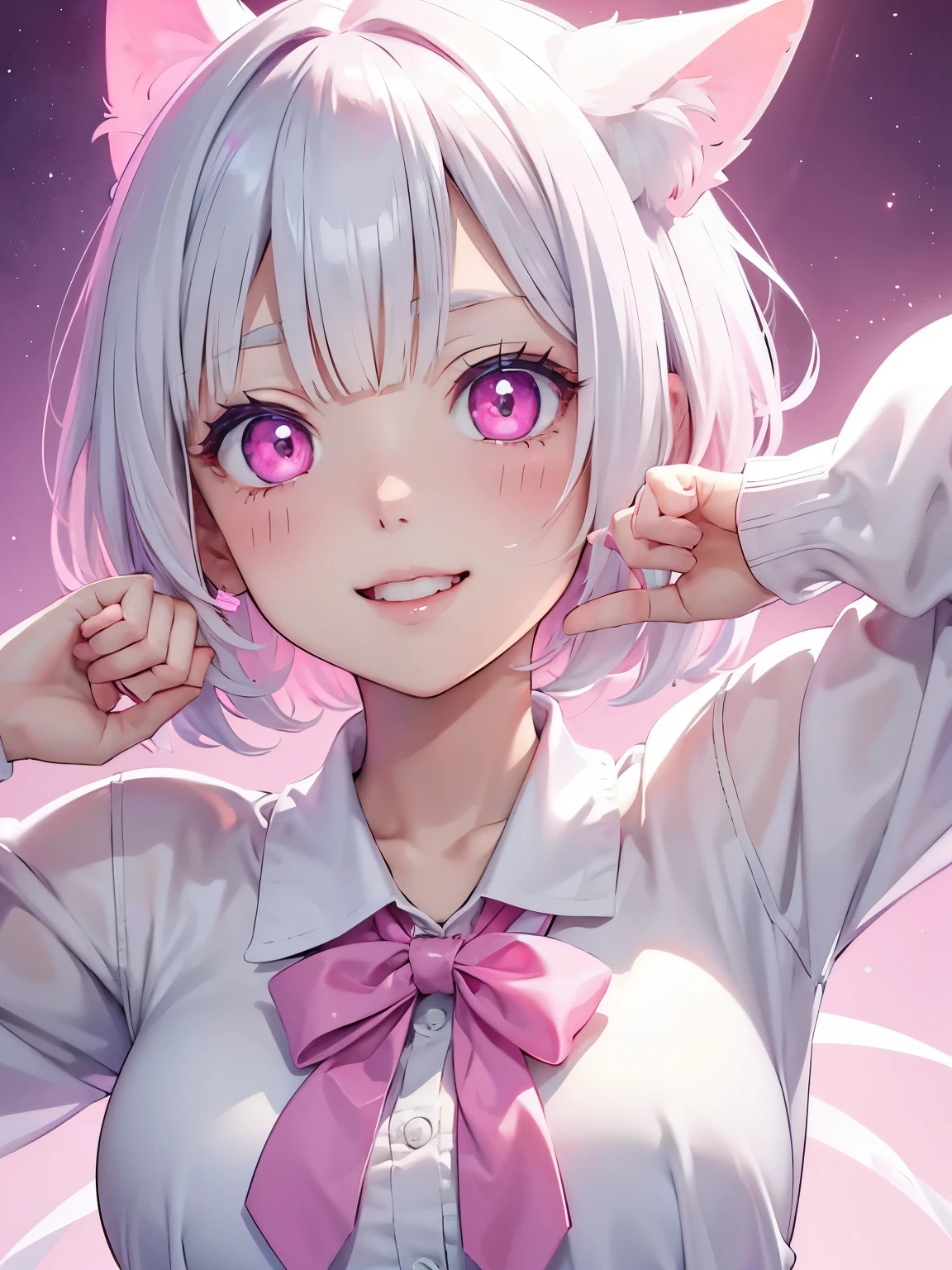 White hair. Short hair. Inner pink hair. Anime girl. Cute face. Pink eyes. Glowing eyes. Nekomimi. Smiling. White clothes. Pink tie. Small breast.