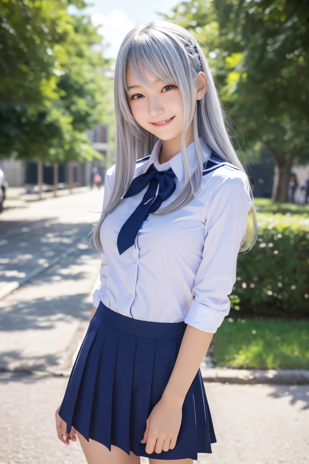 Second dimension beautiful girl Silver Hair High school girls Fake smile Slender Small breasts uniform Fair skin masterpiece