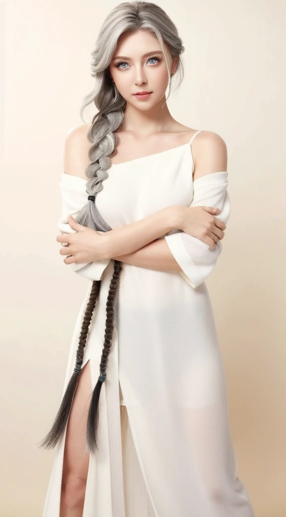 highest quality, masterpiece,Gray Hair, Golden Eyes,White clothes, look up, Upper Body,hair,Fair skin,Side braid