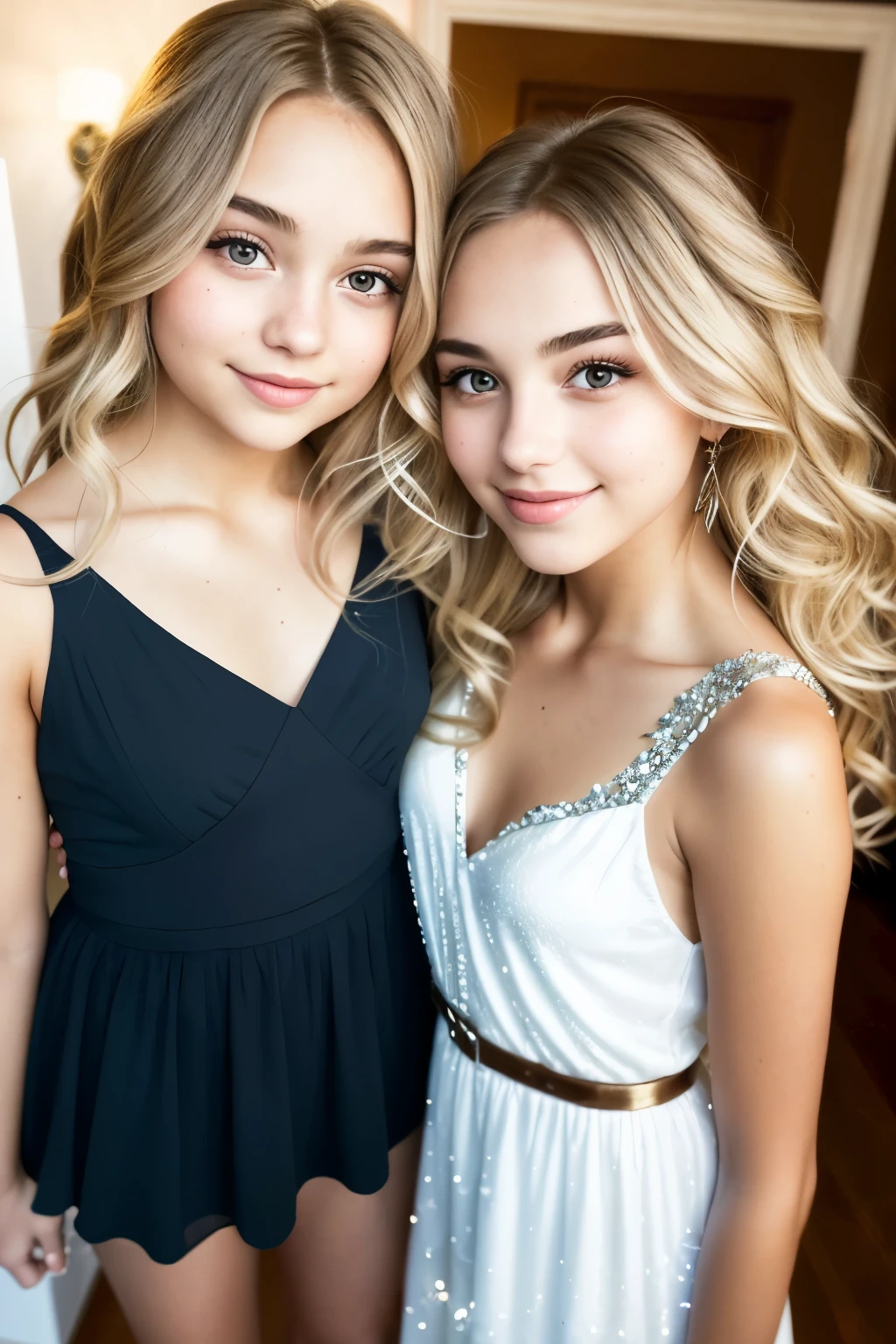 A photo of two enchanting girls, one with cascading platinum blonde hair, its reflection shimmering in the iPhone screen, and the other with lush, curly chestnut brown locks, framing her radiant face. They're posed in front of the camera, their arms draped around each other, smiles lighting up their faces under soft, diffused lighting that casts gentle shadows on their youthful features.

The girl on the right, with her dramatic browline, is gazing directly at the camera, her lips, plump and glossy, pursed in a captivating pout. Her eyes, gleaming under the light, sparkle subtly, hint