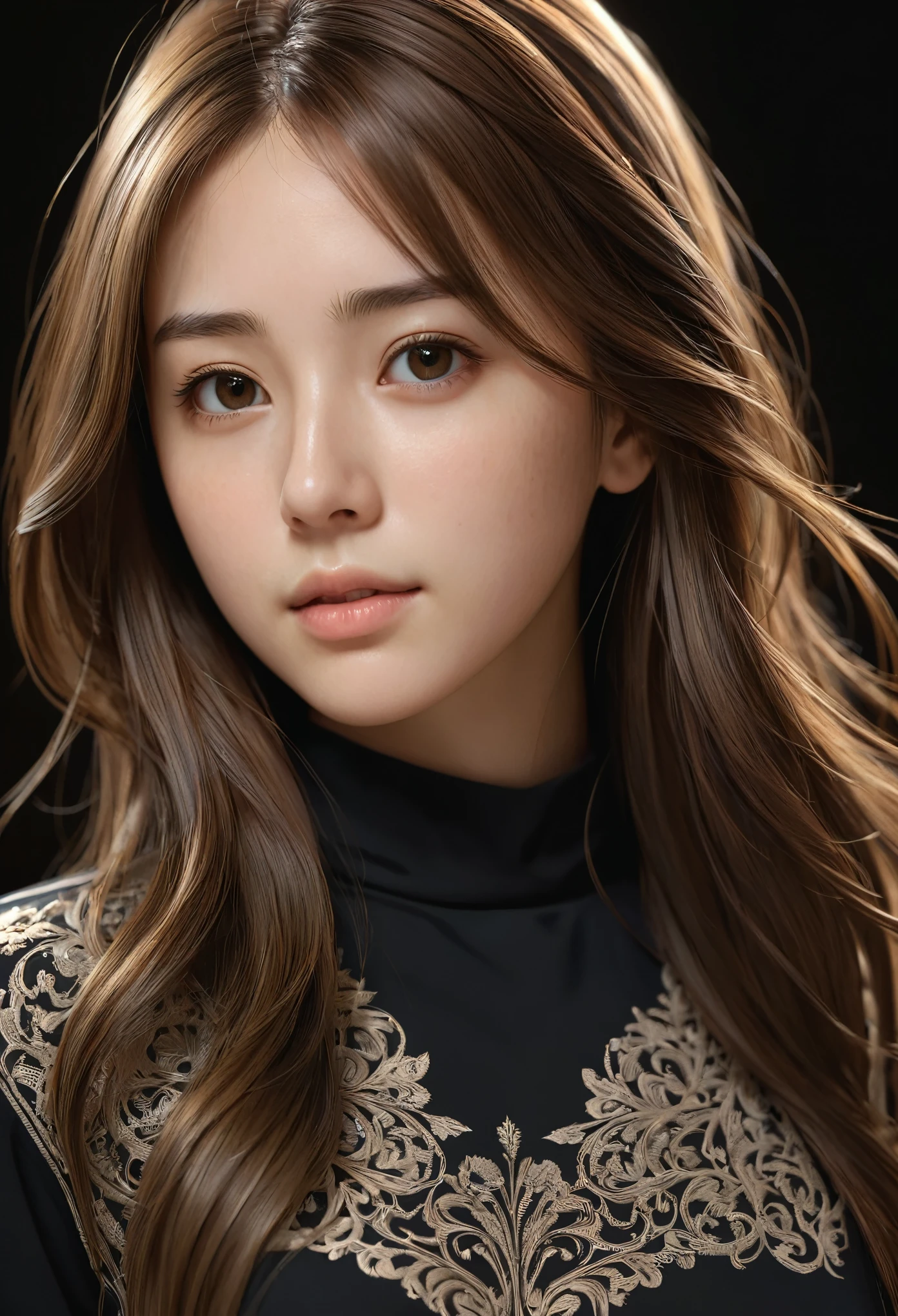 One girl, alone, Long Hair, Brown Hair, Detailed face, Black Shirt, Medium chest, View your viewers, Simple Background, In detail, Intricate details, Ray Tracing, Depth of written boundary, Modest, High resolution,  Realistic, masterpiece, highest quality, RAW Photos