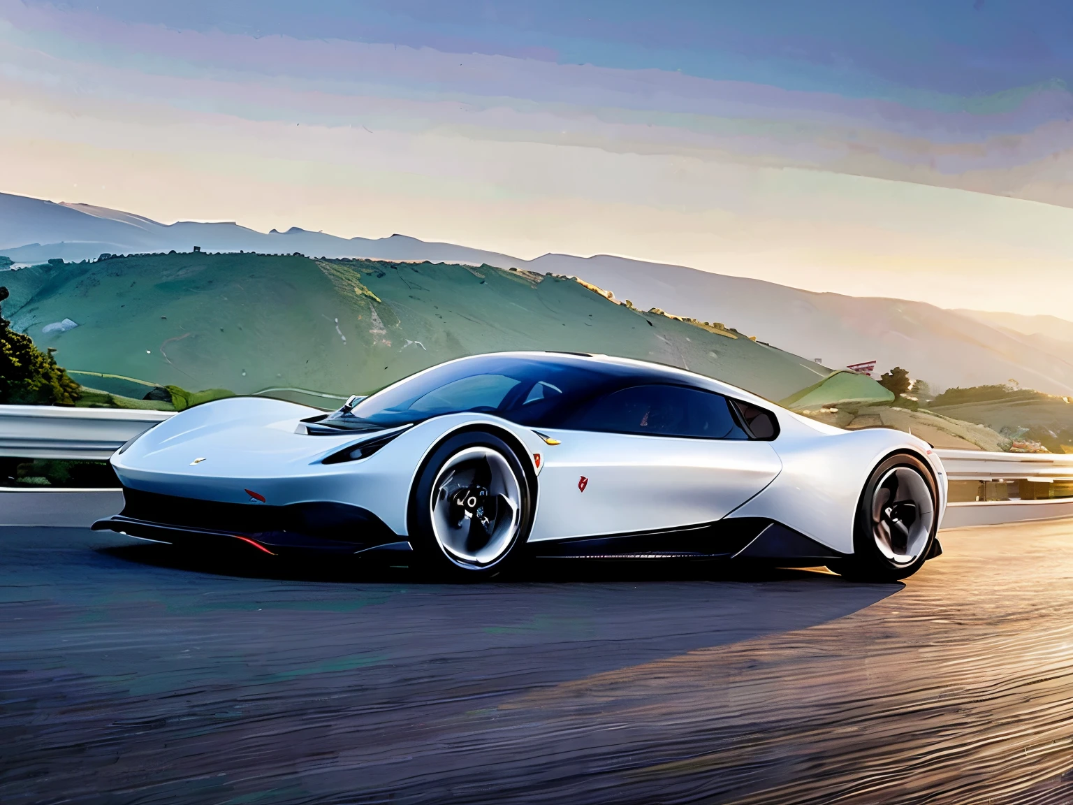 1woman, Slender woman, high resolution, An ultra-high picture quality, 8K, Wonderful expression with attention to detail, early summer coastline, A white electric hypercar concept car stopped on a mountain road, concept design, Ferrari