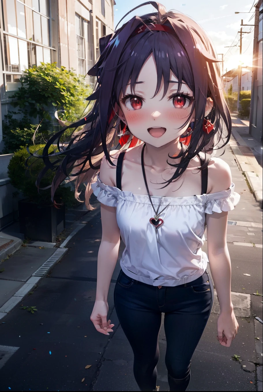 yuukikonno, Konno Yuuki, hair band, Long Hair, Pointed Ears, Purple Hair, (Red eyes:1.5), (Small breasts:1.2), blush,happy smile, smile, Open your mouth,Purple cold shoulder tops,Short sleeve,skinny pants,Stiletto heels,Heart-shaped necklace,Sunset,evening,The sun is setting,whole bodyがイラストに入るように,Looking down from above, Walking,break looking at viewer, whole body, break outdoors, School,courtyard, break (masterpiece:1.2), highest quality, High resolution, unity 8k wallpaper, (shape:0.8), (Fine and beautiful eyes:1.6), Highly detailed face, Perfect lighting, Highly detailed CG, (Perfect hands, Perfect Anatomy),