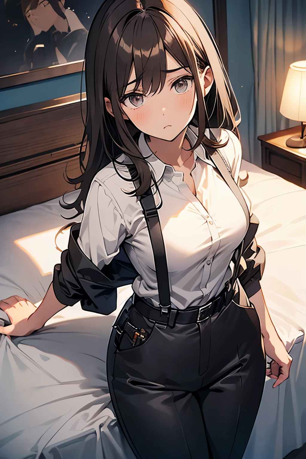 Brown Hair、Staring at the audience　　　Black suspenders　　　bulging big breasts　　 　 　　　wall: 　Black pantsuit　　　　　　sight　　　Small face　 　　　holster　　　Beautiful woman　　Show your hand　　 Lying in bed　　sight 　　Taunt　side　side汗 　arm　Dress shirt　Black Suit　belt