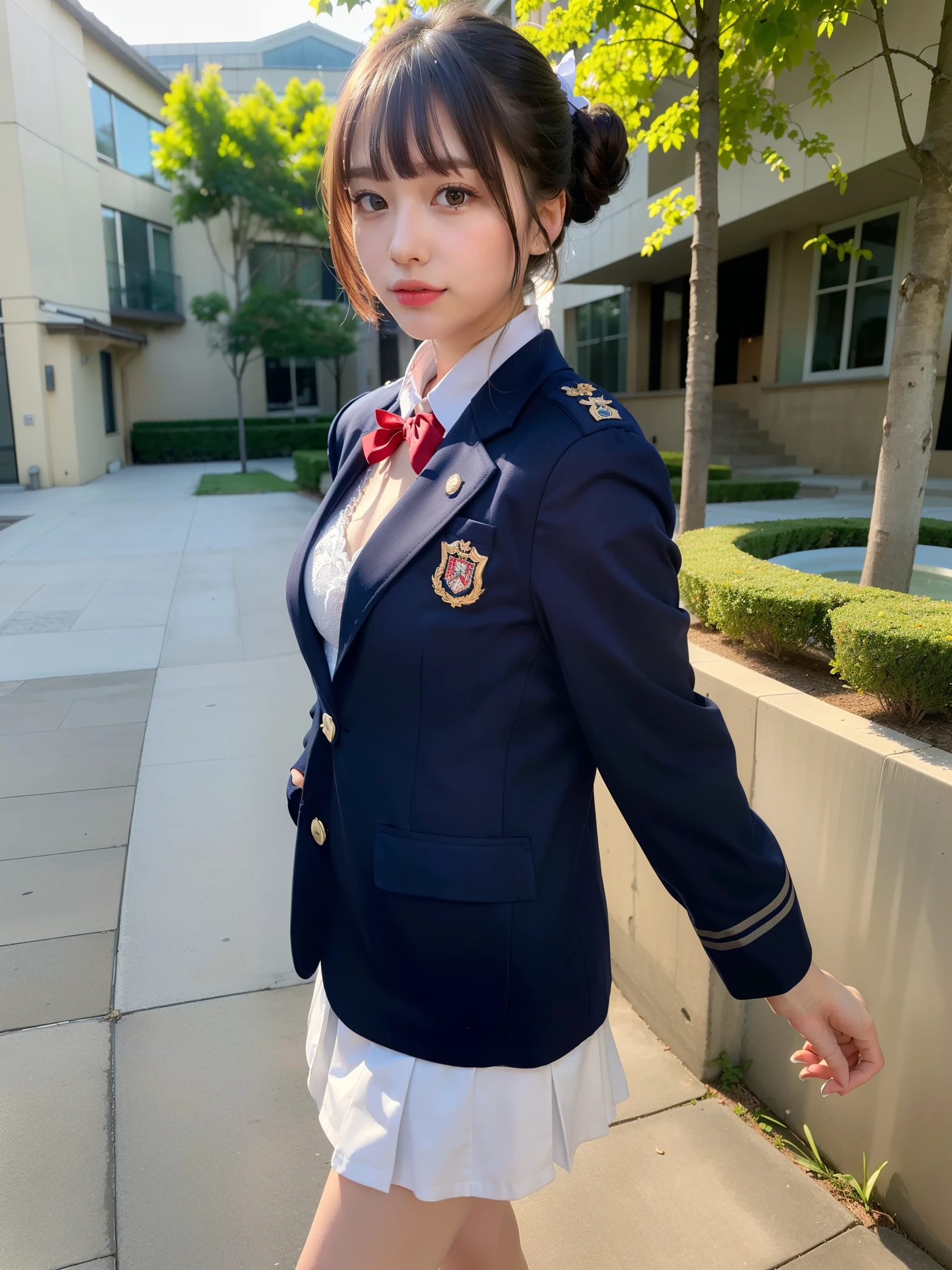 ((Best of the highest quality, 8k, Masterpiece, raw photo: 1.3)), Sharp focus: 1.2, (1 AESPA, slim body type female, 21 y/o: 1.1), (Solo: 1.2), (realistic, photo-realistic:1.37), face focus, cute face, finely eyes, side lighting, using reflectors, (small breasts, flat chest, Thigh: 1.3), (short messy hair, bangs, updo: 1.28), (wearing navy blazer school uniform: 1.32), (white bra, panties: 1.1), (ribbon: 1.1), walking terrace dining, sun light, flower,