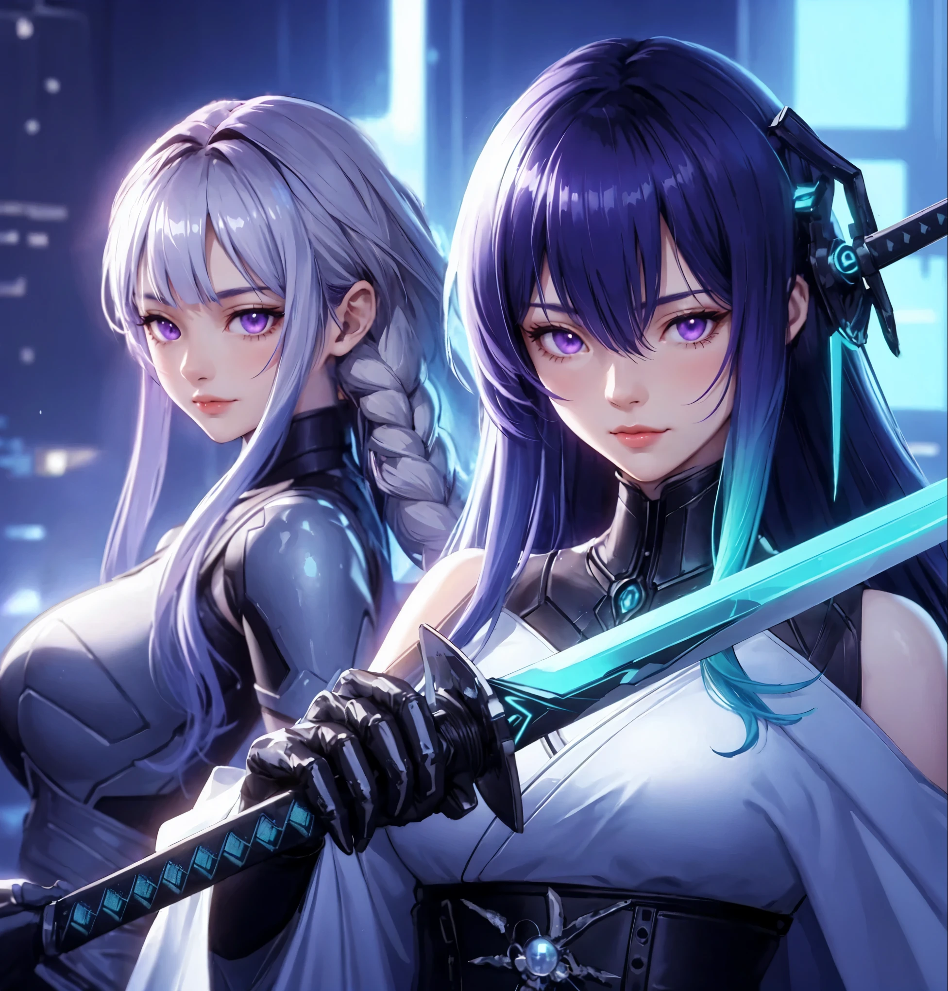 2ladies standing, (futuristic costume) (stylish outfit), mature female, cool expression, (light smile:0.8), dignified, (masterpiece best quality:1.2) delicate illustration ultra-detailed, large breasts BREAK 1lady, (holding Japanese sword), (dynamic posing), (indigo straight hair) bangs, (gradient hair) green, glove BREAK 1lady, (silver long hair) bangs, (twin braid), (gradient hair) purple, purple eyes BREAK (holding futuristic katana sword), (blade shimmering) BREAK (futuristic game world), dimly lit, danger, sharp lighting, detailed background