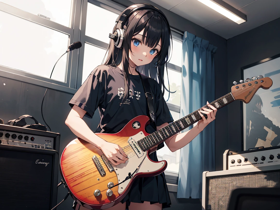 ((masterpiece,best quality)),1girl, solo, black skirt, blue eyes, electric guitar, guitar, headphones, holding, holding plectrum, instrument, long straight hairs, music, one side up, black hair, playing guiter, pleated skirt, , indoors ,(adult),bangs,(straight on:1.5)