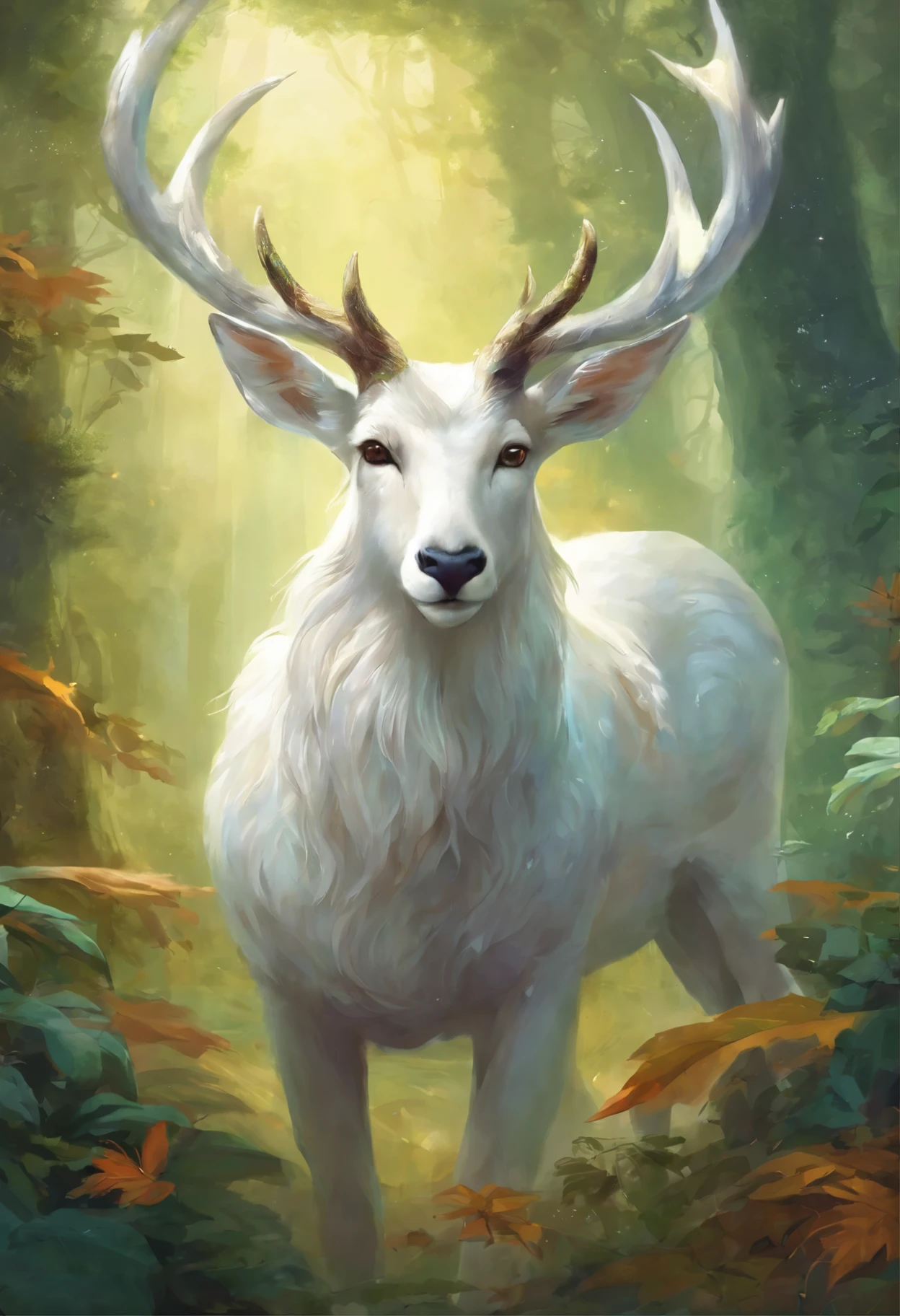 a white buck with small horns and the horns are adorned with large leaves and vines in a enchanted forest background