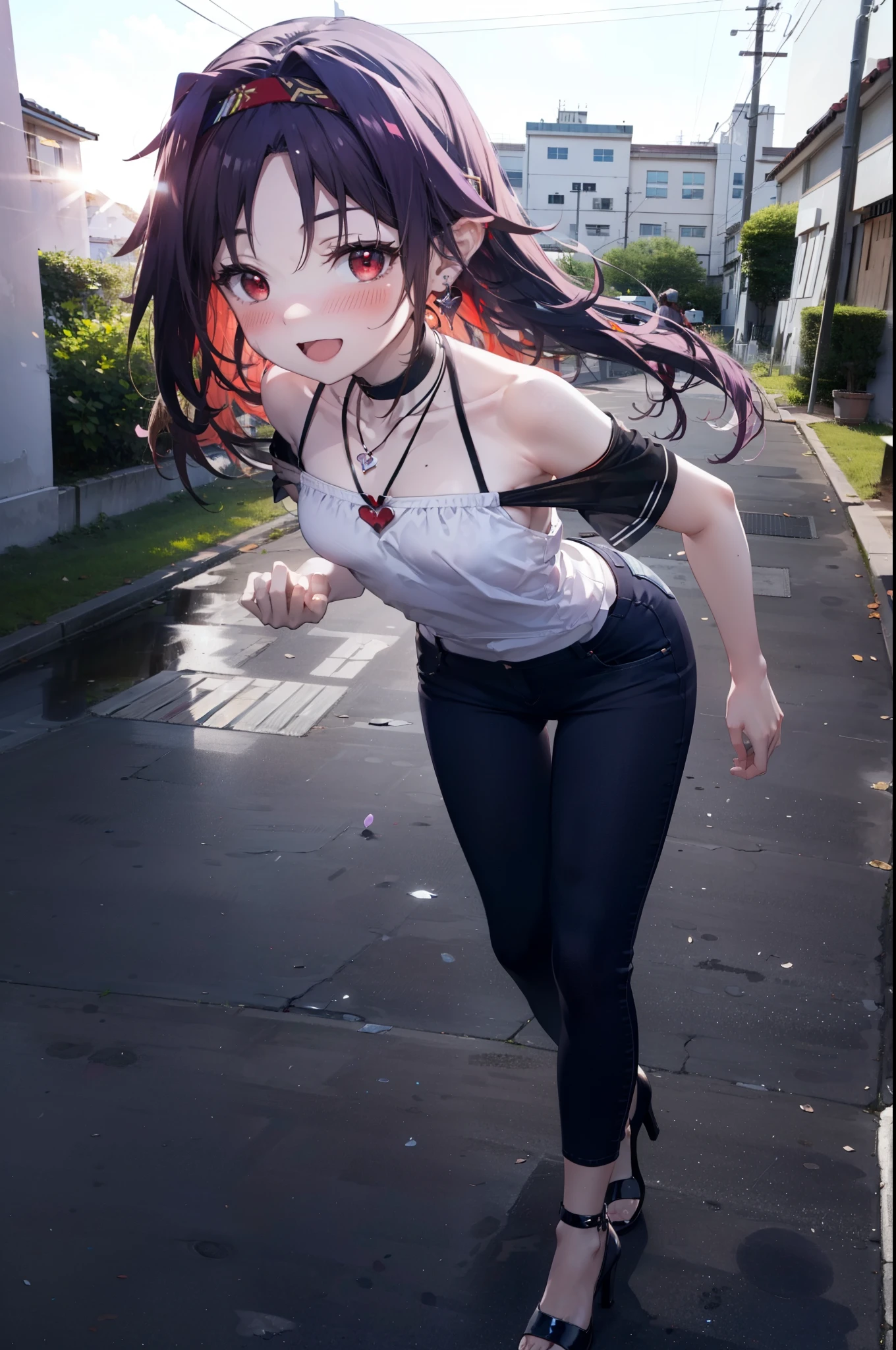 yuukikonno, Konno Yuuki, hair band, Long Hair, Pointed Ears, Purple Hair, (Red eyes:1.5), (Small breasts:1.2), blush,happy smile, smile, Open your mouth,Purple cold shoulder tops,Short sleeve,skinny pants,Stiletto heels,Heart-shaped necklace,Sunset,evening,The sun is setting,whole bodyがイラストに入るように,Looking down from above, Walking,break looking at viewer, whole body, break outdoors, School,courtyard, break (masterpiece:1.2), highest quality, High resolution, unity 8k wallpaper, (shape:0.8), (Fine and beautiful eyes:1.6), Highly detailed face, Perfect lighting, Highly detailed CG, (Perfect hands, Perfect Anatomy),