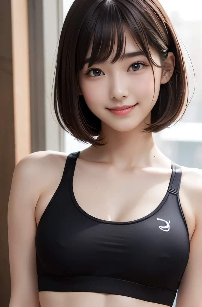 highest quality,Photo quality,Ultra-high resolution,Professional Lighting,20-year-old,Beautiful face like an actress,Short bangs,navel:1.1,Sports Bra、smile,Boxer Briefs