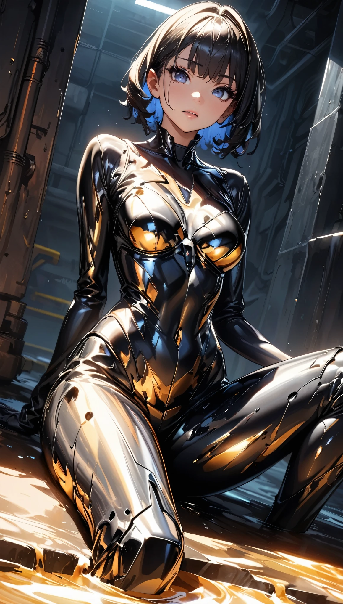 (highest quality:1.2, Very detailed, High Detail, High Contrast, masterpiece:1.2, highest quality, Best aesthetics), 1 Female, Assassin, body of mercury, Metal Suit, Liquid Metal:1.2, Melting Body, Body melts, Melting Female Android:1.2, Artificial life, Melting Metal Dress, Liquid Shape, Amorphous Metal Costume, Underground facilities, Dim lighting, Beautiful Eyes, Long eyelashes, Well-formed face, Beautiful lips, Sleek design, Sit down, Random Action Pose, Dutch Angle