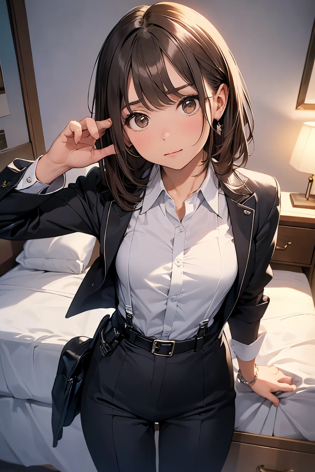 Brown Hair、Staring at the audience　　　Black suspenders　　　bulging big breasts　　 　 　　　wall: 　Black pantsuit　　　　　　sight　　　Small face　 　　　holster　　　Beautiful woman　　Show your hand　　 Lying in bed　　sight 　　Taunt　side　side汗 　arm　Dress shirt　Black Suit　belt