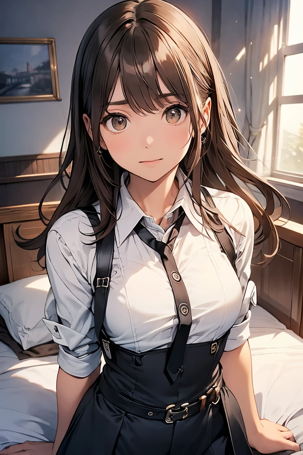 Brown Hair、Staring at the audience Black suspenders bulging big breasts wall: Black pantsuit sight Small face holster Beautiful woman Show your hand Lying in bed sight Taunt side side汗 arm Dress shirt Black Suit belt