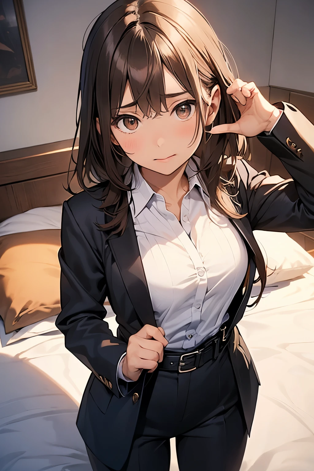 Brown Hair、Staring at the audience Black suspenders bulging big breasts wall: Black pantsuit sight Small face holster Beautiful woman Show your hand Lying in bed sight Taunt side side汗 arm Dress shirt Black Suit belt